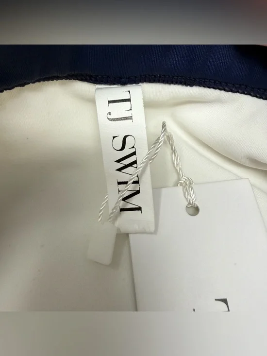 NWT TJ Swim Celeste White & Navy Ribbed Bikini Cheeky Swim Bottoms Size Medium - Picture 9 of 11